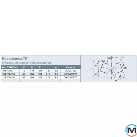 Хрестовина із ливарного чавуну SML 70* DN100x 70x70мм RSP DA1007070, Градус (град.): 70, Виконання: Простая, Діаметр (мм): 100, Модифікація: DN 100x70x70  , фото , зображення 2