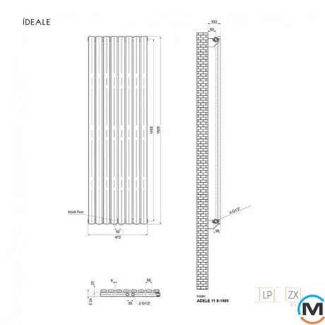 Радиатор дизайнерский Ideale Adele 11 8/1500/472 черный, Цвет: Черный, Высота (мм): 1500, Ширина (мм): 472, Количество рядов: 1, фото , изображение 5