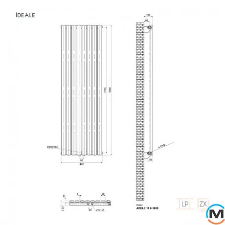 Радиатор дизайнерский Ideale Adele 11 8/1800/472 черный, Цвет: Черный, Высота (мм): 1800, Ширина (мм): 472, Количество рядов: 1, фото , изображение 5