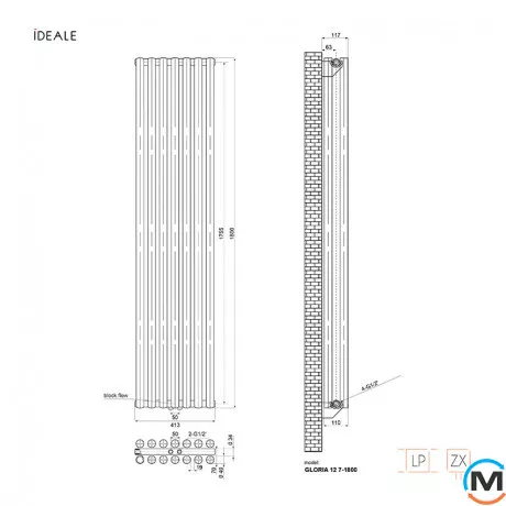 Радіатор дизайнерський Ideale Gloria 12 7/1800/413 чорний, Колір: Чорний, Ширина (мм): 413, Кількість рядів: 2, фото , зображення 4