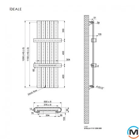 Радіатор з полицями Ideale Stella 11 5/1200/500 чорний, Колір: Чорний, Висота (мм): 1200, фото , зображення 4