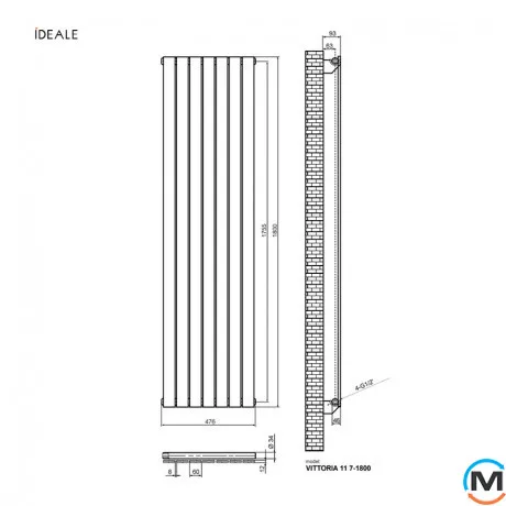 Радиатор дизайнерский Ideale Vittoria 11 7/1800/476 антрацит, Исполнение: Вертикальный, Цвет: Антрацит, Высота (мм): 1800, Ширина (мм): 476, Количество рядов: 1, фото , изображение 4