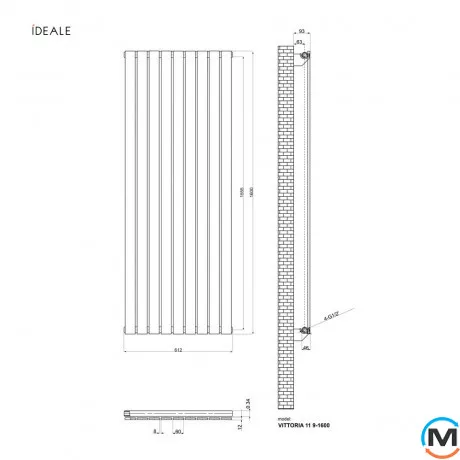 Радиатор дизайнерский Ideale Vittoria 11 9/1600/612 антрацит, Исполнение: Вертикальный, Цвет: Антрацит, Высота (мм): 1600, Ширина (мм): 612, Количество рядов: 1, фото , изображение 4
