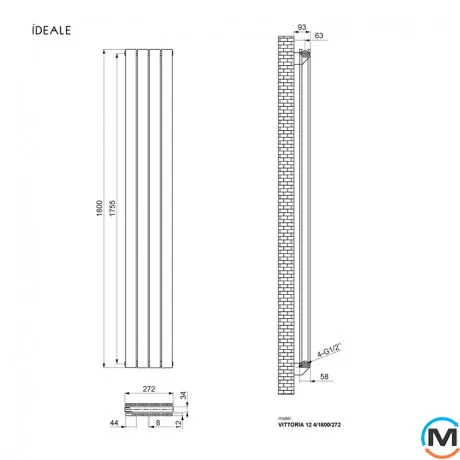 Радиатор дизайнерский Ideale Vittoria 12 4/1800/272 черный, Исполнение: Вертикальный, Цвет: Черный, Высота (мм): 1800, Ширина (мм): 272, Количество рядов: 2, фото , изображение 4