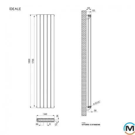 Радіатор дизайнерський Ideale Vittoria 12 5/1800/340 антрацит, Виконання: Вертикальний, Колір: Антрацит, Висота (мм): 1800, Ширина (мм): 340, Кількість рядів: 2, фото , зображення 5
