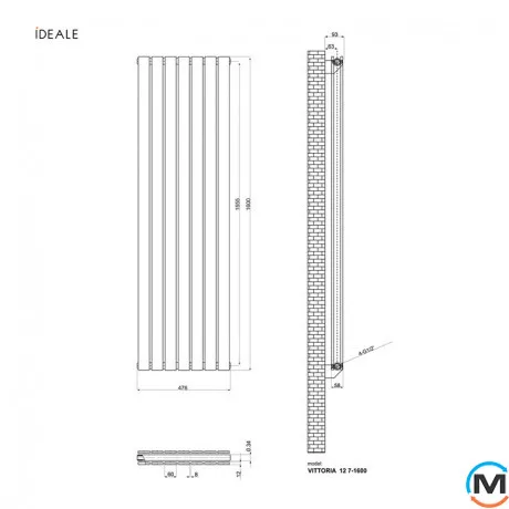 Радіатор дизайнерський Ideale Vittoria 12 7/1600/476 білий, Виконання: Вертикальний, Колір: Білий, Висота (мм): 1600, Ширина (мм): 476, Кількість рядів: 2, фото , зображення 4