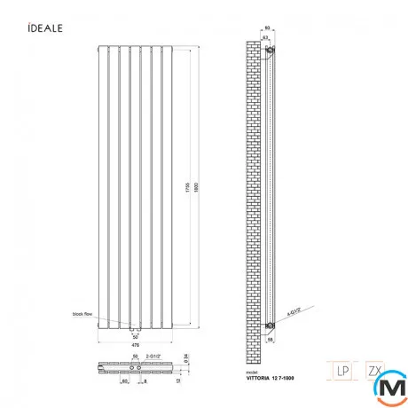 Радіатор дизайнерський Ideale Vittoria 12 7/1800/476 антрацит, Виконання: Вертикальний, Колір: Антрацит, Висота (мм): 1800, Ширина (мм): 476, Кількість рядів: 2, фото , зображення 4