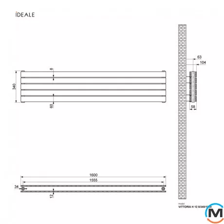 Радіатор дизайнерський Ideale Vittoria H 12 5/340/1600 антрацит, Виконання: Горизонтальний, Колір: Антрацит, Висота (мм): 340, Ширина (мм): 1600, Кількість рядів: 2, фото , зображення 4