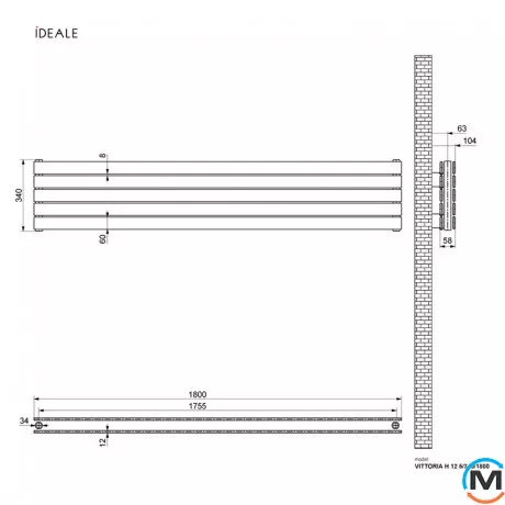 Радіатор дизайнерський Ideale Vittoria H 12 5/340/1800 антрацит, Виконання: Горизонтальний, Колір: Антрацит, Висота (мм): 340, Ширина (мм): 1800, Кількість рядів: 2, фото , зображення 4