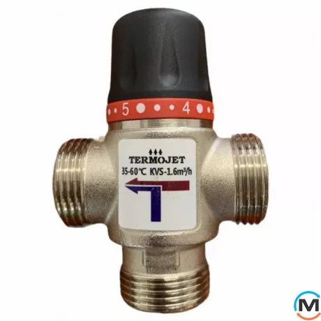 Термостатичний триходовий Termojet 3/4" Зовнішнє різьблення, kvs-1.6, temp - 35-60°C, Діаметр різьблення: 3/4", Діапазон регулювання: 35…60, Kvs (куб. м/год): 1.6, фото 
