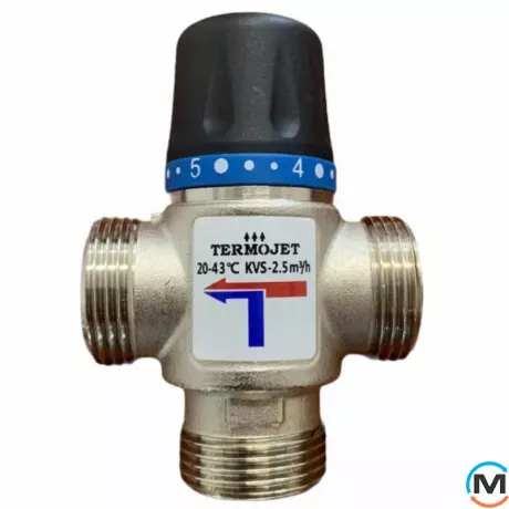 Термостатичний триходовий Termojet 1" Зовнішнє різьблення, kvs-2.5, temp - 20-43°C, Діаметр різьблення: 1", Діапазон регулювання: 20...43, Kvs (куб. м/год): 2.5, фото 