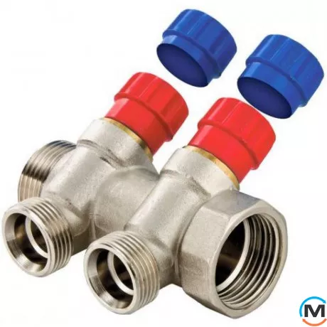 Колектор на воду Valtec 1"х2 вих. Євроконус 3/4, Кількість виходів: 2, Тип колектора: З вентилем, Діаметр вхід/вихід: 1", Діаметр підводів: 3/4", Різьблення підводів: Євроконус, Матеріал колектора: Латунь, фото 