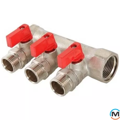 Колектор під воду Valtec 2 ст. х3/4"х1/2" Нікель, Кількість виходів: 2, Тип колектора: З кульовим краном, Діаметр вхід/вихід: 3/4", Діаметр підводів: 1/2", Різьблення підводів: Трубна, Матеріал колектора: Латунь, фото 