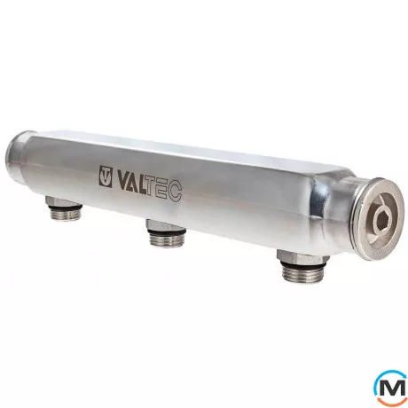 Колектор Valtec з нерж. стали з м-о ростових. 100 мм 1"х 3 вих. 1/2" нар., Кількість виходів: 3, Тип колектора: Простий, Діаметр вхід/вихід: 1", Діаметр підводів: 3/4", Різьблення підводів: Трубна, Матеріал колектора: Нержавіюча сталь, фото 