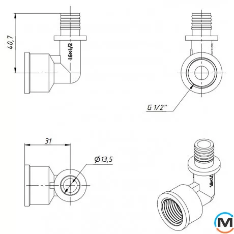 Натяжной уголок с внутренней резьбой FADO SLICE NEW 16*1/2" ВН, Тип резьбы: Внутренняя, Диаметр резьбы: 1/2", Диаметр (мм): 16, Толщина стенки (мм): 2.2, фото , изображение 4