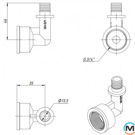 Натяжной уголок с внутренней резьбой FADO SLICE NEW 16*3/4" ВН, Тип резьбы: Внутренняя, Диаметр резьбы: 3/4", Диаметр (мм): 16, Толщина стенки (мм): 2.2, фото , изображение 4