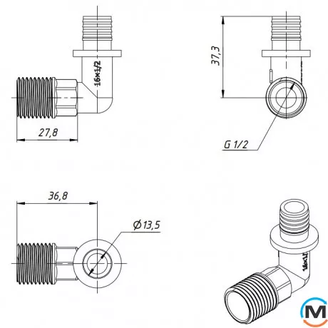 Кутник натяжний із зовнішнім різьбленням FADO SLICE NEW 16*1/2" С, Тип різьблення: Зовнішня, Діаметр різьблення: 1/2", Діаметр (мм): 16, Товщина стінки (мм): 2.2, фото , зображення 4