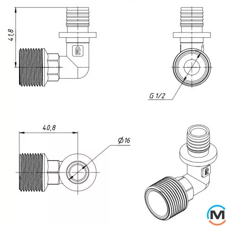 Угольник натяжной с наружной резьбой FADO SLICE NEW 20*3/4" С, Тип резьбы: Наружная, Диаметр резьбы: 3/4", Диаметр (мм): 20, Толщина стенки (мм): 2.8, фото , изображение 4