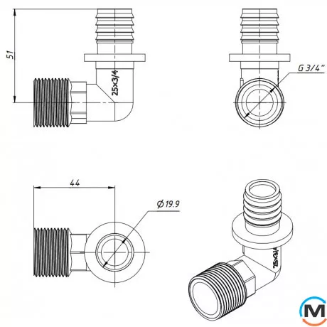 Угольник натяжной с наружной резьбой FADO SLICE NEW 25*3/4" С, Тип резьбы: Наружная, Диаметр резьбы: 3/4", Диаметр (мм): 25, Толщина стенки (мм): 3.5, фото , изображение 4
