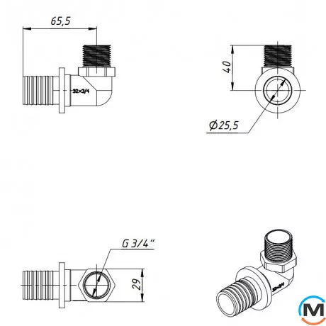 Кутник натяжний із зовнішнім різьбленням FADO SLICE NEW 32*3/4" С, Тип різьблення: Зовнішня, Діаметр різьблення: 3/4", Діаметр (мм): 32, Товщина стінки (мм): 4.4, фото , зображення 4