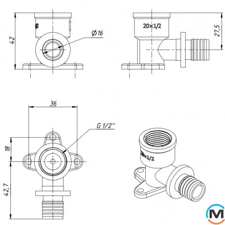 Угольник натяжной установочный с внутренней резьбой FADO SLICE NEW 20*1/2" ВН, Диаметр (мм): 20, фото , изображение 4