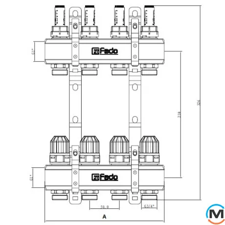Колектор FADO з витратомірами 1"х3/4" 5 виходів, Кількість виходів: 5, фото , зображення 3
