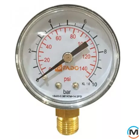 Манометр FADO вертикальный Д50 1/4" 10 бар, Диаметр резьбы: 1/4", Исполнение: Радиальный (Вертикальный), фото 