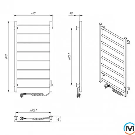 Сушка для рушників електричний Laris Альфа ЧФ(Ч) 8 400 х 800 праве підключення R3, Виконання: Правий, Висота (мм): 800, Ширина (мм): 425, фото , зображення 6
