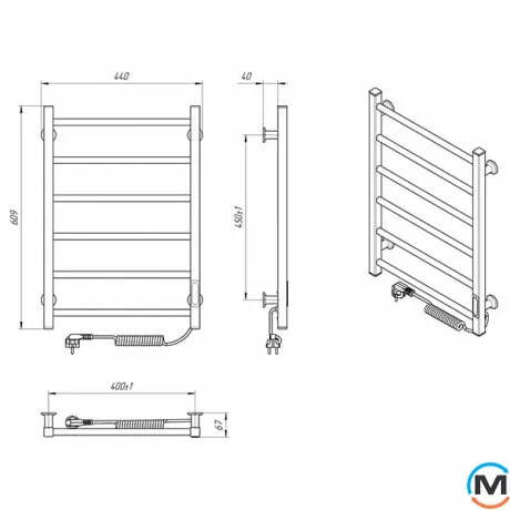 Сушка для рушників електричний Laris Альфа ЧФ(Ч) 6 400 х 600 праве підключення R3, Виконання: Правий, Висота (мм): 600, Ширина (мм): 425, фото , зображення 6
