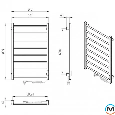 Полотенцесушитель электрический Laris Альфа ЧФ(Ч) 8 500 х 800 правое подключение R3, Исполнение: Правый, Высота (мм): 800, Ширина (мм): 525, фото , изображение 6