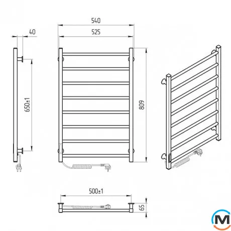 Сушка для рушників електрична Laris Альфа ЧФ(Ч) 8 500 х 800 ліве підключення R3, Виконання: Лівий, Висота (мм): 800, Ширина (мм): 525, фото , зображення 6