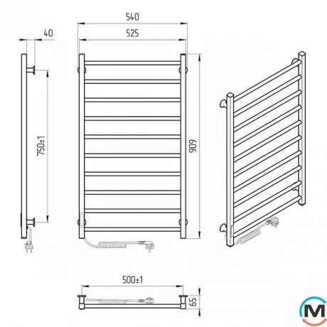 Полотенцесушитель электрический Laris Альфа ЧФ(Ч) 10 500 х 900 левое подключение R3, Исполнение: Левый, Высота (мм): 900, Ширина (мм): 525, фото , изображение 6