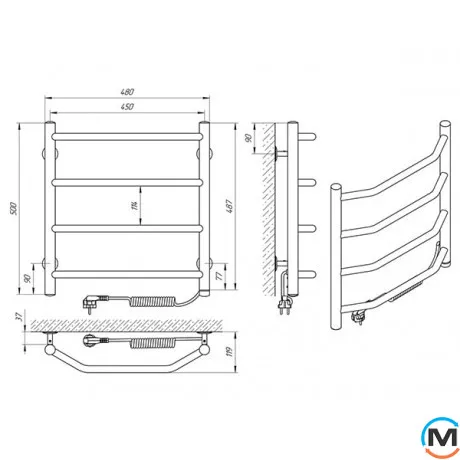 Сушка для рушників електричний Laris Вікторія П4 450 х 500 праве підключення S3, Виконання: Правий, Висота (мм): 500, Ширина (мм): 480, фото , зображення 5