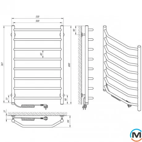 Сушка для рушників електрична Laris Вікторія П8 500 х 800 ліве підключення S3, Виконання: Лівий, Висота (мм): 800, Ширина (мм): 530, фото , зображення 5