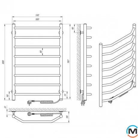 Полотенцесушитель электрический Laris Виктория П8 500 х 800 правое подключение S3, Исполнение: Правый, Высота (мм): 800, Ширина (мм): 530, фото , изображение 5