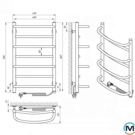 Полотенцесушитель электрический Laris Евромикс П7 400 х 700 правое подключение S3, Исполнение: Правый, Высота (мм): 700, Ширина (мм): 430, фото , изображение 5