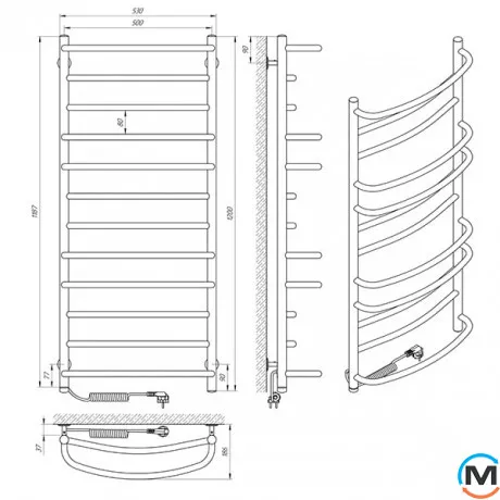 Сушки для рушників електричний Laris Євромікс П12 500 х 1200 ліве підключення S3, Виконання: Лівий, Висота (мм): 1200, Ширина (мм): 530, фото , зображення 5