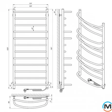 Полотенцесушитель электрический Laris Евромикс П12 500 х 1200 правое подключение S3, Исполнение: Правый, Высота (мм): 1200, Ширина (мм): 530, фото , изображение 5