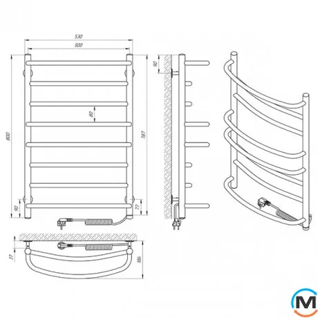 Сушка для рушників електричний Laris Євромікс П8 500 х 800 праве підключення S3, Виконання: Правий, Висота (мм): 800, Ширина (мм): 530, фото , зображення 5