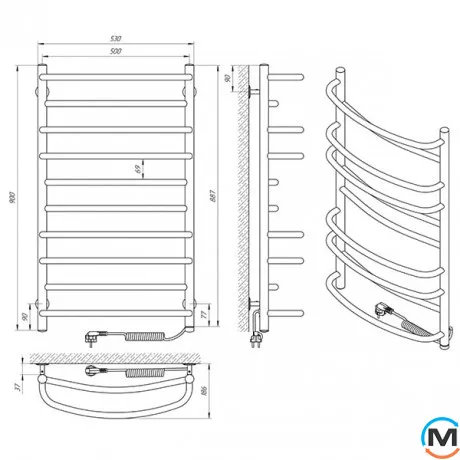 Полотенцесушитель электрический Laris Евромикс П10 500 х 900 правое подключение S3, Исполнение: Правый, Высота (мм): 900, Ширина (мм): 530, фото , изображение 5
