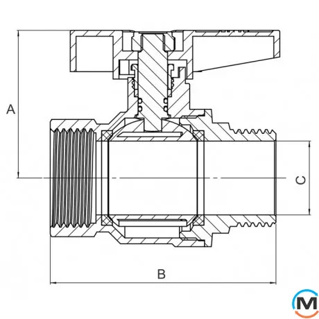 Кран кульовий 3/4" НВ метелик ASG, Тип різьблення: Внутрішня/Зовнішня, Діаметр різьблення: 3/4", Модифікація: Червона ручка, Виконання: Прямий, Тип ручки: Метелик, фото , зображення 2