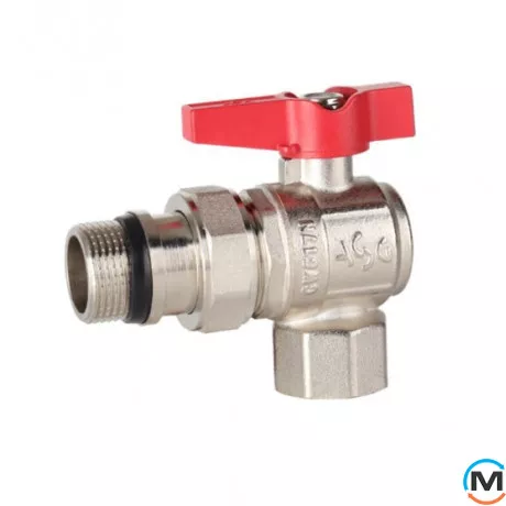 Кран кульовий з американкою 3/4" кутовий метелик ASG, Тип різьблення: З американкою, Діаметр різьблення: 3/4", Модифікація: Червона ручка, Виконання: Кутовий, Тип ручки: Метелик, фото 