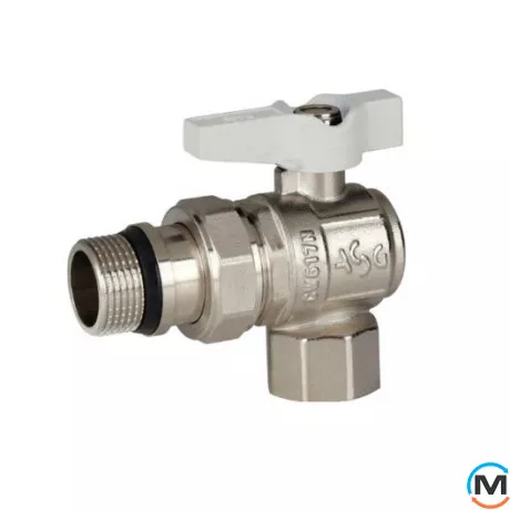 Кран кульовий з американкою 1/2" кутовий білий метелик ASG+, Тип різьблення: З американкою, Діаметр різьблення: 1/2", Модифікація: Біла ручка, Виконання: Кутовий, Тип ручки: Метелик, фото 