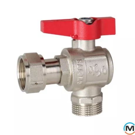 Кран кульовий з накид. гайкою 1/2" кутовий метелик ASG, Тип різьблення: Накидна гайка, Діаметр різьблення: 1/2", Модифікація: Червона ручка, Виконання: Кутовий, Тип ручки: Метелик, фото 