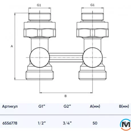 Узел нижнего подключения вентильный 1/2"x3/4" угловой ASG, Конструкция: Вентильный, Исполнение: Угловой, фото , изображение 2