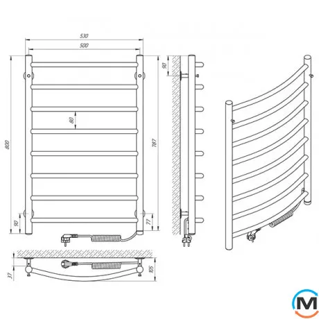 Полотенцесушитель электрический Laris Классик П8 500 х 800 правое подключение S3, Исполнение: Правый, Высота (мм): 800, фото , изображение 5