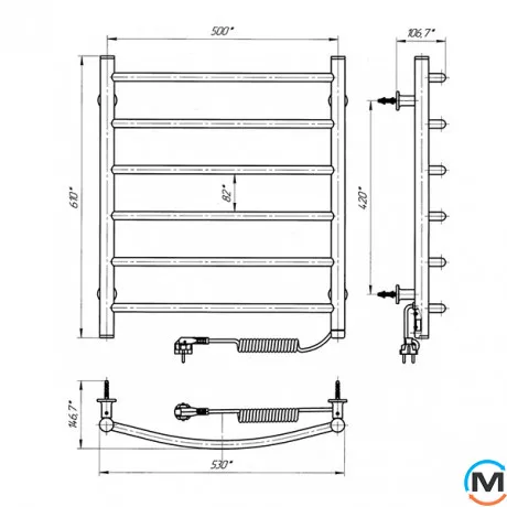 Полотенцесушитель электрический Laris Классик ЧФ 6 500 х 600 правое подключение S3, Исполнение: Правый, Высота (мм): 600, фото , изображение 6