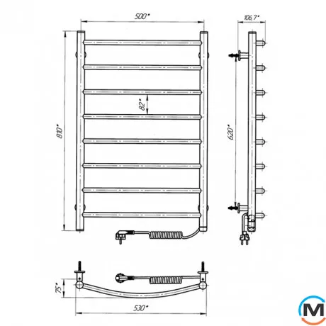 Сушка для рушників електричний Laris Класик ЧФ 8 500 х 800 праве підключення S3, Виконання: Правий, Висота (мм): 800, фото , зображення 6