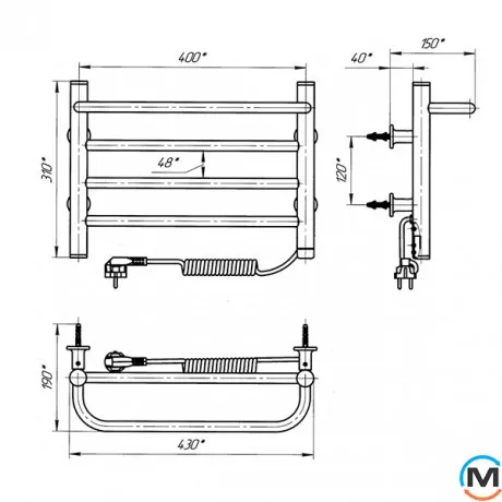 Полотенцесушитель электрический Laris Прайм ЧФ 4 400 х 300 правое подключение S3, Исполнение: Правый, Цвет: Белый, Высота (мм): 300, фото , изображение 6