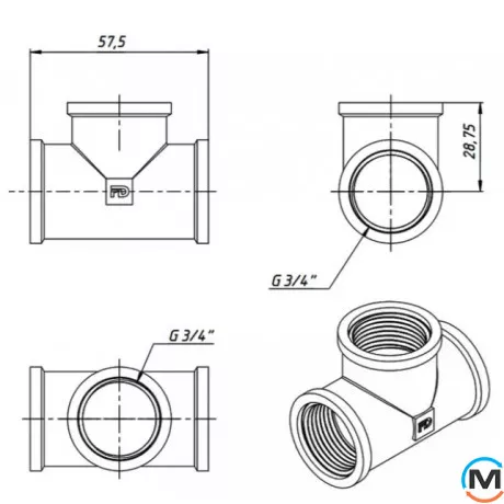 Хром FADO трійник 3/4" ВВВ, Тип різьблення: Внутрішня/Внутрішня/Внутрішня, Діаметр різьблення: 3/4", фото , зображення 2